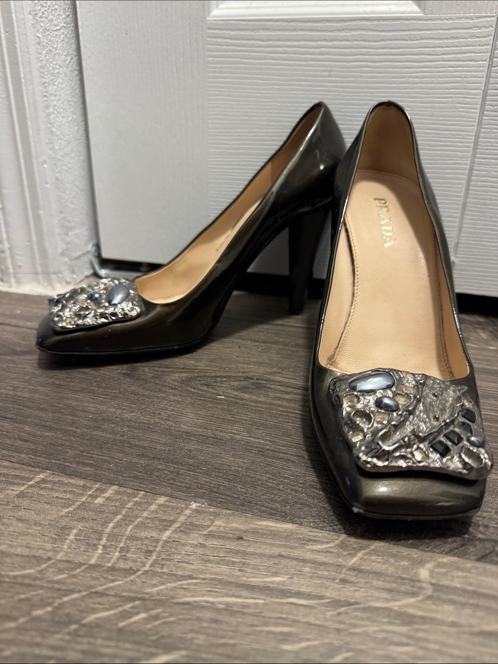 Prada Metallic Pewter Jeweled Square-Toe Pumps